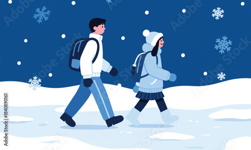 A Couple of Friends Walking in the Snow Illustrator Artwork Banner Background Design Template 