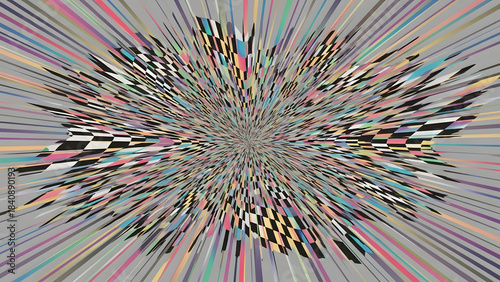 Radiating abstract explosion of tiny colorful squares forming a bright central burst, symbolizing creative brainstorming, innovation, ideas and imaginative thinking