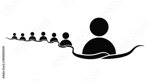 A single large figure leads a line of smaller silhouettes connected by a flowing line representing hierarchy.