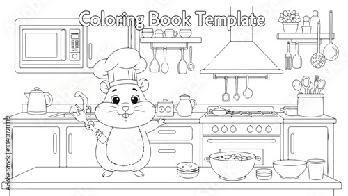 Black and white line drawing of a hamster wearing a chef hat standing in a kitchen with various utensils and appliances.