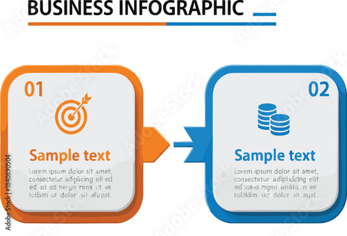 Two step business infographic flow chart vector template with target and coin icons for process strategy finance and goal setting presentation