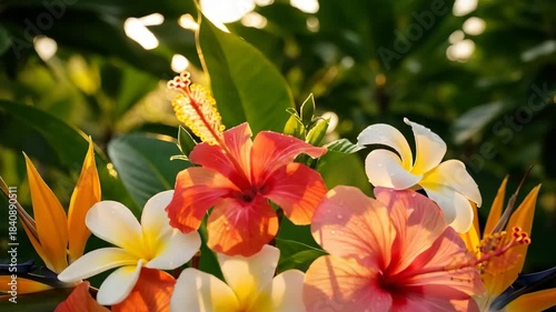 Vibrant tropical flower bouquet featuring hibiscus plumeria and bird of paradise blossoms with sunburst