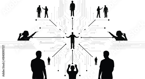 Silhouettes of people connect through a central figure in a networked organizational structure.