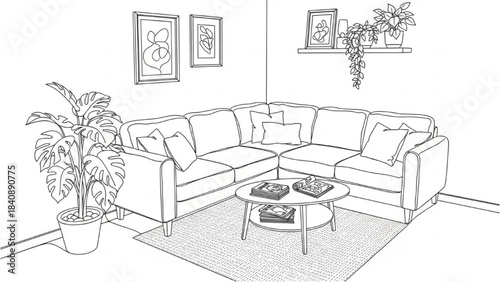 Cozy Salon Waiting Area Continuous Line Art – Sofa, Magazines, and Plants Illustration
