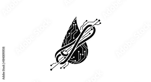 Digital circuit board pattern fills a teardrop shape intertwined with an infinity loop symbol.