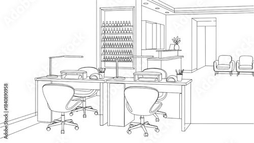 Stylish Nail Salon Section Continuous Line Art – Manicure Tables, Chairs, and Polish Display