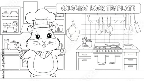 A cheerful hamster wearing a chef's hat stands in a kitchen with cooking utensils and appliances, holding a spatula, in a coloring book template with a clean and simple line drawing style.