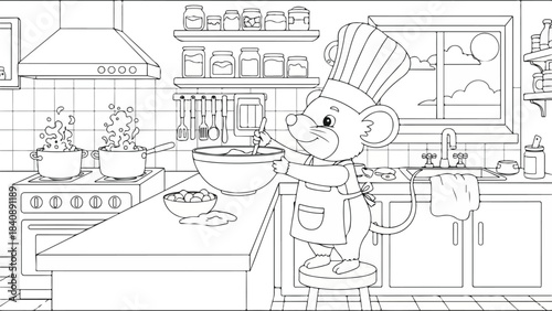 A cheerful cartoon bear wearing a chef's hat stands on a stool at a kitchen counter surrounded by cooking utensils and ingredients with a warm and inviting atmosphere.