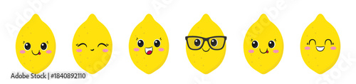 Set lemons, cute cartoon character, happy smiling face, kawaii style, big eyes, emotions joy delight, vector illustration.