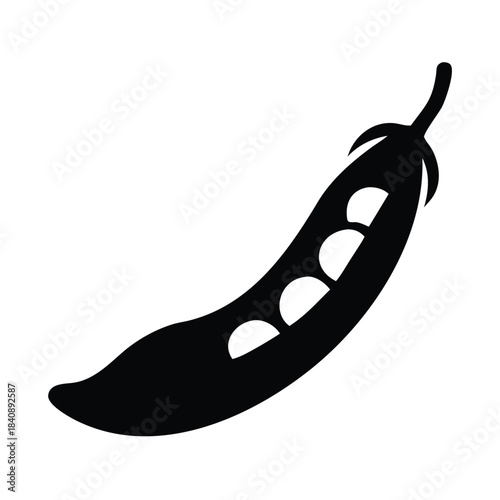 A black silhouette of a single pea pod with visible peas inside on a white background.