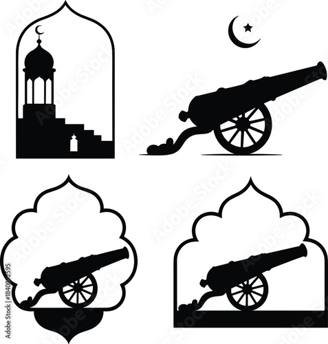 Islamic cultural motifs featuring cannons and mosque silhouettes in decorative frames