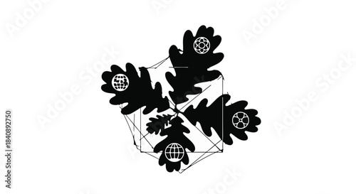 Oak leaves sprout from a central point within a surrounding geometric wireframe structure containing globes.