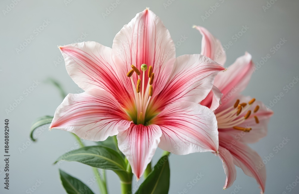 Fototapeta premium Large pink and white striped flower blooms with delicate petals and prominent stamens. Green leaves emerge from the stem against a soft grey background, showcasing natural beauty and floral design.