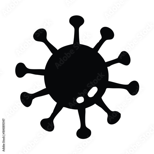 A black silhouette of a virus particle with outward-facing spikes.