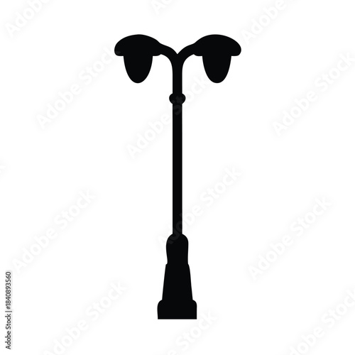 A silhouette of a vintage double-headed street lamp stands against a white background.