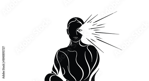 Figure silhouette depicts a person with an eye emitting bright radiating lines outward dramatically.