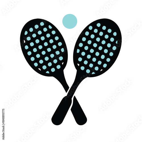 Two crossed badminton rackets with a shuttlecock above them on a white background.