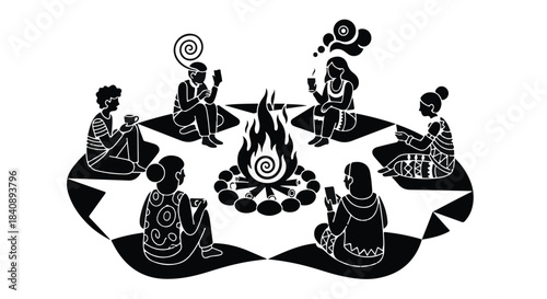 Group of people sitting around a campfire while distracted by glowing mobile phones in darkness.