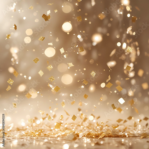 Golden Confetti and Bokeh Lights Falling on a Light Brown Surface celebration