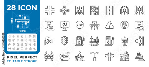 Road infrastructure pixel perfect line icons set. Traffic organization system. Transportation development. Isolated vector outline illustrations. Thin lineart iconset symbols. Editable stroke