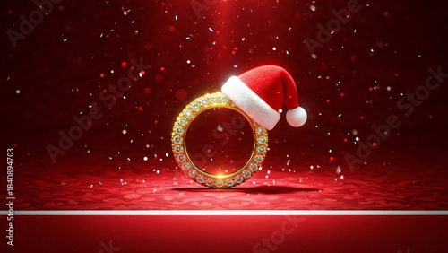 Golden ring with a santa hat on a red background with glowing lines. Christmas jewelry concept for holiday advertising.