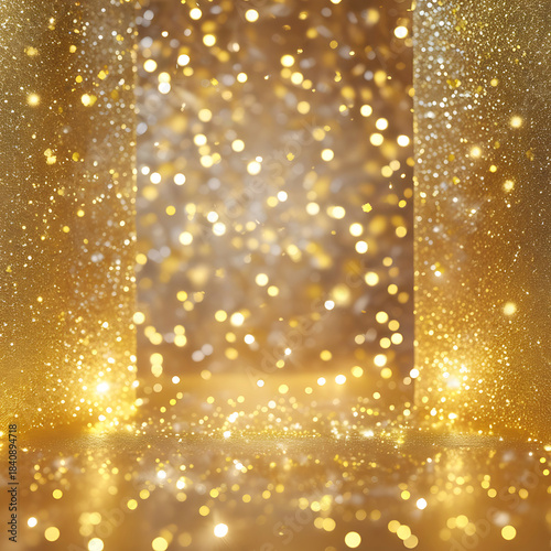 Golden Glittering Bokeh Lights and Sparkles on a Stage image photo