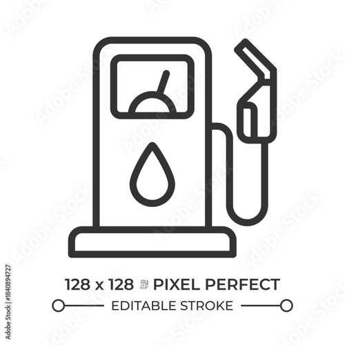 Fuel dispenser pixel perfect line icon. Gas station pump. Modern refueling equipment. Road infrastructure. Isolated vector illustration. Outline symbol. Simple linear drawing. Editable stroke