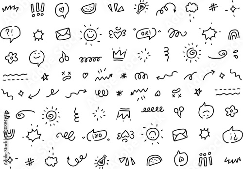 Hand-drawn black doodle icons featuring arrows, stars, speech bubbles, symbols, and playful sketch elements, ideal for creative designs, notes, and backgrounds.
