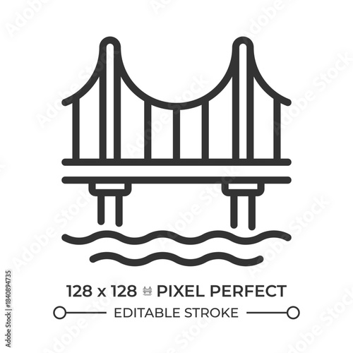 Bridge over pixel perfect line icon. Overpass for cars driving over river. Road infrastructure and architecture. Isolated vector illustration. Outline symbol. Simple linear drawing. Editable stroke