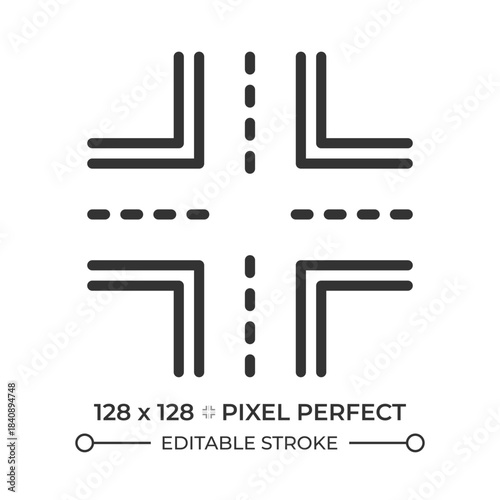 Intersection pixel perfect line icon. Two roads meet, cross and join at same level. Change direction point. Isolated vector illustration. Outline symbol. Simple linear drawing. Editable stroke