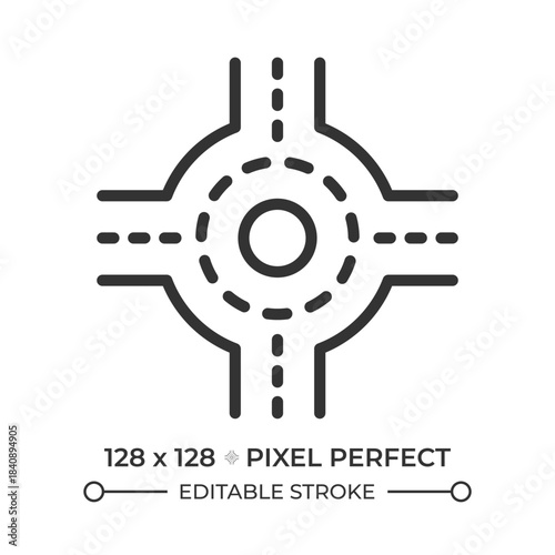 Roundabout pixel perfect line icon. Circular traffic junction with island inside. Road infrastructure. Isolated vector illustration. Outline symbol. Simple linear drawing. Editable stroke