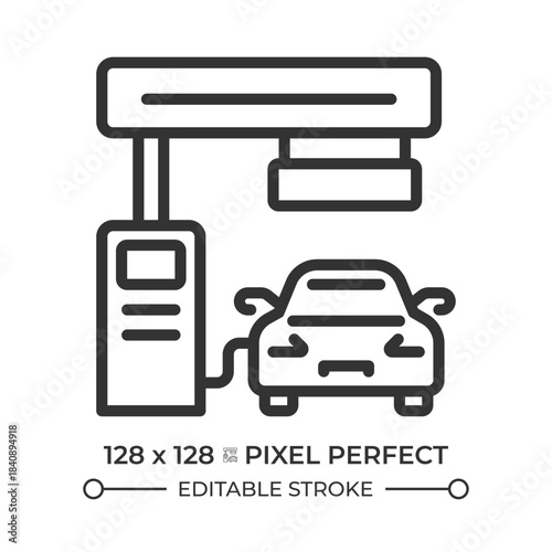 Gas station pixel perfect line icon. Car refueling at petrol pump. Vehicle service. Road infrastructure. Isolated vector illustration. Outline symbol. Simple linear drawing. Editable stroke