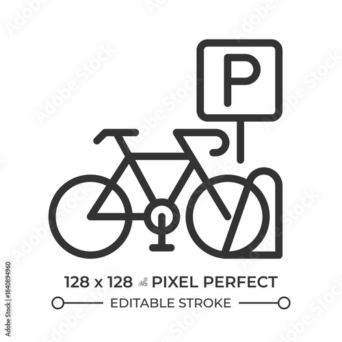 Bike parking place pixel perfect line icon. Bicycle on stand under special sign. Road infrastructure. Isolated vector illustration. Outline symbol. Simple linear drawing. Editable stroke