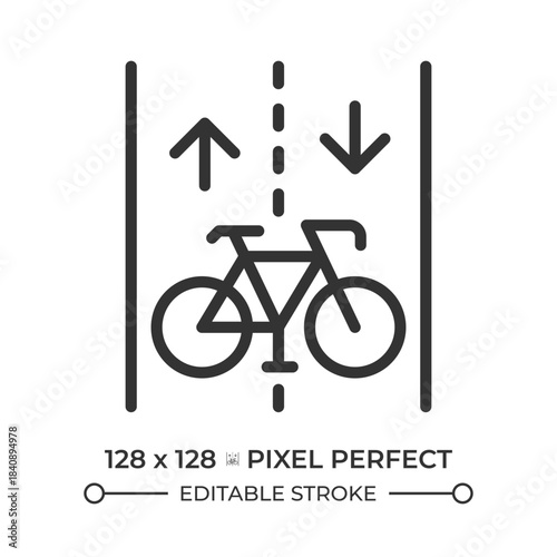 Bicycle lane pixel perfect line icon. Roadway for cyclists only. Traffic system organization. Road infrastructure. Isolated vector illustration. Outline symbol. Simple linear drawing. Editable stroke
