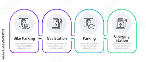 Parking sites and charging stations rounded horizontal infographic 4 steps. Vehicle services on way. Road infrastructure. Editable thin line icons diagram process. Lexend Montserrat font used