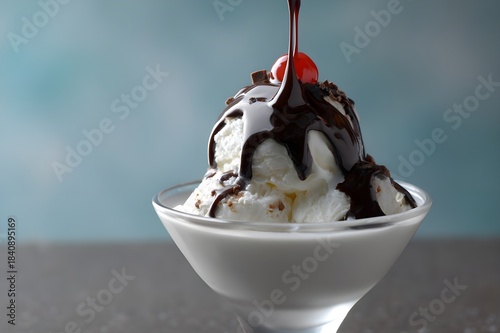 Hot fudge dripping down ice cream sundae offering indulgent dessert richness with warm molten chocolate appeal
