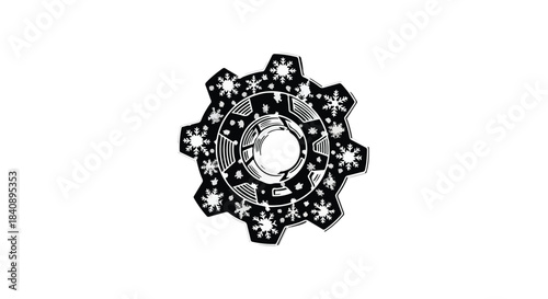 Ornate gear mechanism outline contains a central circular element surrounded by star shapes.