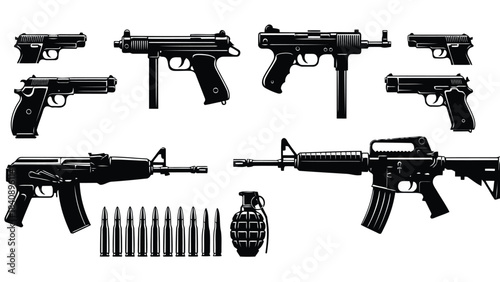 Collection of black handguns, rifles, bullets, and a grenade on a white