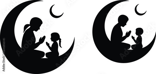 Silhouettes of muslim families praying together under the crescent moon