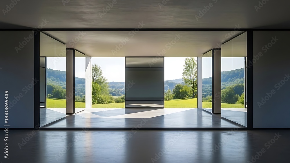 Fototapeta premium Empty square room with open hall is surrounded by large mirrors. natural outside view