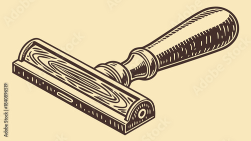 Vintage Engraved Rubber Stamp with Wooden Handle Illustration. Classic Retro Office Tool in Woodcut Style on Beige Background. Traditional Handheld...