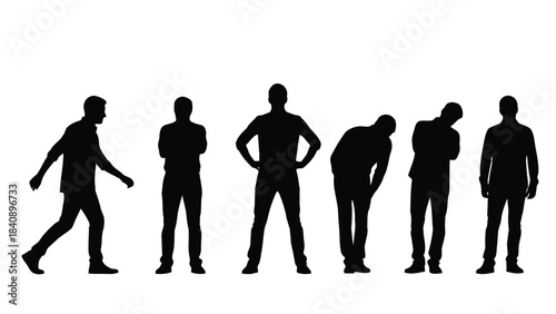 Six black silhouettes of men in various poses isolated on white background