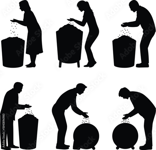 Silhouettes of people interacting with large cylindrical containers in various poses