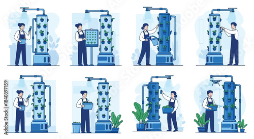 Hydroponics farming people tending plants