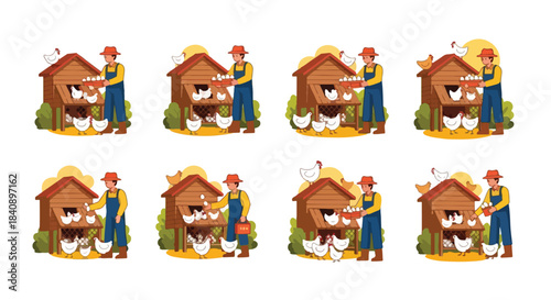 Farmer tending chickens in a coop