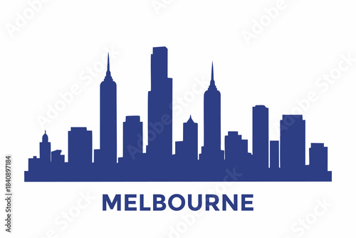 Melbourne city skyline silhouette in a clean minimalist vector style with iconic skyscrapers.