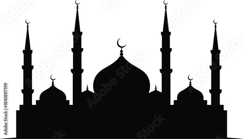 Striking silhouette of a grand mosque with multiple minarets against a white background
