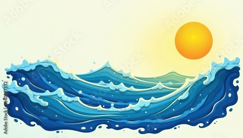 Stylized vector illustration of ocean waves and a bright yellow sun , aquatic, yellow