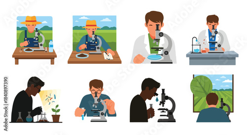 Scientists and farmers examining samples with microscopes