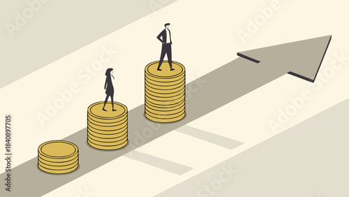 Business Growth and Financial Inequality: Professional Figures on Coin Stacks with Upward Arrow, Illustrating Career Progression and Wealth Disparity